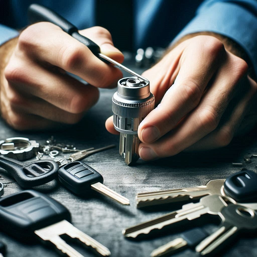 Automotive locksmith working on a car key